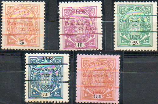 1085.jpg -     Lote:    1085            Companhia de Moçambique       Descrição:         1898 &mdash; 4.º Centenário do Descobrimento do Caminho Marítimo para a Índia. Tipo Elefantes com sobrecarga "Centenário da Índia". CE30, 31, 34, 35, 39 &mdash; 5, 10, 25, 50 e 150 reis. Lote de cinco selos com sobrecargas falsas.        **/*       Valor Base:     &euro; 15,00     Valor Venda:     &euro; 30,00     