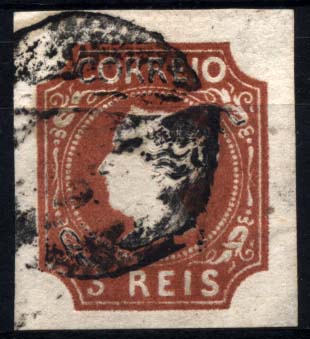 1097.jpg -     Lote:    1097            Portugal       Descrição:         1853 &mdash; D. Maria II. CE1, 5 reis castanho avermelhado, cunho I. Selo com margens largas, porém com ligeiro adelgaçamento. Valor de catálogo &euro; 1.520,00.        O       Valor Base:     &euro; 200,00     Valor Venda:     Retirado     