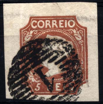 1098.jpg -     Lote:    1098            Portugal       Descrição:         1853 &mdash; D. Maria II. CE1, 5 reis castanho avermelhado, cunho I. Selo com margens de luxo. Bonito exemplar. Valor de catálogo &euro; 1.520,00.        O       Valor Base:     &euro; 250,00     Valor Venda:     &euro; 250,00     