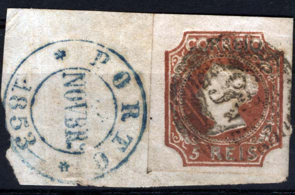1102.jpg -     Lote:    1102            Portugal       Descrição:         1853 &mdash; D. Maria II. CE1, 5 reis castanho avermelhado, tipo I, em fragmento. Selo com margens normais obliterado com carimbo da 1.ª reforma 56 &mdash; BRAGA + carimbo datado batido a azul esverdeado do PORTO (NOVEBR.º /1853). MB. Valor de catálogo &euro; 1.520,00.        FRG       Valor Base:     &euro; 300,00     Valor Venda:     Retirado     