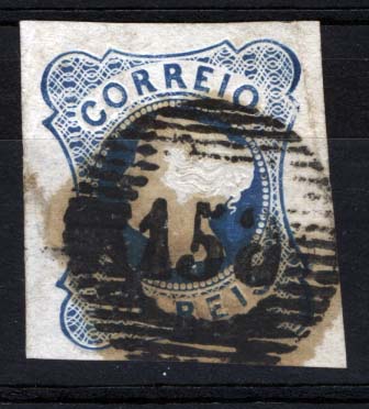 1103.jpg -     Lote:    1103            Portugal       Descrição:         1853 &mdash; D. Maria II, CE2, 25 reis azul, com margens normais, obliterado com carimbo "156", com o "6" em negativo.        O       Valor Base:     &euro; 15,00     Valor Venda:     &euro; 44,00     