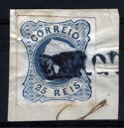 1105.jpg -     Lote:    1105            Portugal       Descrição:         1853 &mdash; D. Maria II. CE2, 25 reis azul, tipo II, em pequeno fragmento, obliterado com carimbo nominativo batido a azul da BARQUINHA.        FRG       Valor Base:     &euro; 30,00     Valor Venda:     Retirado     