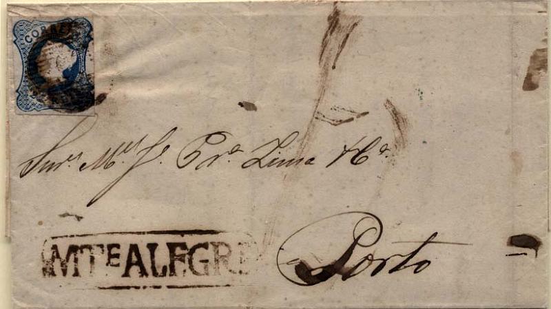 1106.jpg -     Lote:    1106            Portugal       Descrição:         1853 &mdash; D. Maria II. Carta circulada de Montalegre (19.10.53) para o Porto (23.10.53) com selo de 25 reis azul, tipo I, margens curtas. Carimbo nominativo batido a sépia de "MTE ALEGRE". B e R.        Carta       Valor Base:     &euro; 150,00     Valor Venda:     &euro; 180,00     