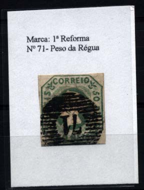 1108.jpg -     Lote:    1108            Portugal       Descrição:         1953 &mdash; D. Mares II. CE3, 50 reis verde, com margens curtas, obliterado com carimbo numérico da 1.ª reforma "71 &mdash; PESO DA REGOA". Valor de catálogo &euro; 1.720,00.        O       Valor Base:     &euro; 75,00     Valor Venda:     &euro; 75,00     