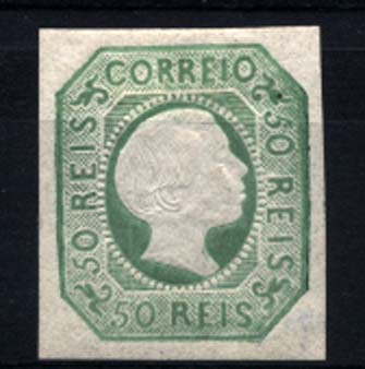 1112.jpg -     Lote:    1112            Portugal       Descrição:         1855/56 &mdash; D. Pedro V. Cabelos lisos. CE8, 50 reis verde azul, com margens normais. Valor de catálogo &euro; 1380,00.        **       Valor Base:     &euro; 200,00     Valor Venda:     Retirado     