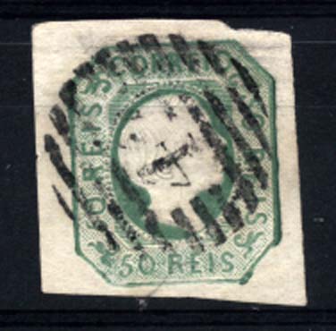 1113.jpg -     Lote:    1113            Portugal       Descrição:         1855/56 &mdash; D. Pedro V. Cabelos lisos. CE8, 50 verde azul. Selo com margens largas. Valor de catálogo &euro; 175,00.        O       Valor Base:     &euro; 22,00     Valor Venda:     Retirado     