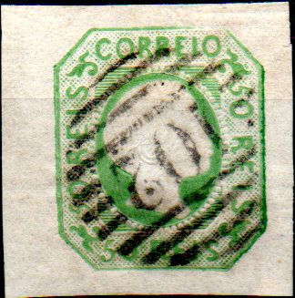 1114.jpg -     Lote:    1114            Portugal       Descrição:         1855/56 &mdash; D. Pedro V. Cabelos lisos. CE8, 50 reis verde. Selo bordo de folha com as outras margens muito largar. Bonito exemplar. Valor de catálogo &euro; 119,00.        O       Valor Base:     &euro; 24,00     Valor Venda:     &euro; 36,00     