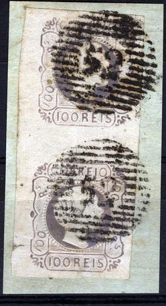 1116.jpg -     Lote:    1116            Portugal       Descrição:         1855/56 &mdash; D. Pedro V. Cabelos lisos. CE 9, 100 reis lilás. Par vertical, com boas margens em fragmento. B. Valor de catálogo &euro; 495,00.        FRG       Valor Base:     &euro; 65,00     Valor Venda:     &euro; 65,00     