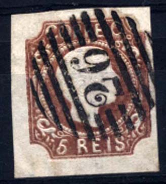 1117.jpg -     Lote:    1117            Portugal       Descrição:         1856/58 &mdash; D. Pedro V, cabelos anelados. CE10, 5 reis castanho bistre, com boas margens, obliterado com carimbo numérico da 1.ª reforma "26 &mdash; LEIRIA". Valor de catálogo &euro; 161,00.        O       Valor Base:     &euro; 24,00     Valor Venda:     &euro; 34,00     