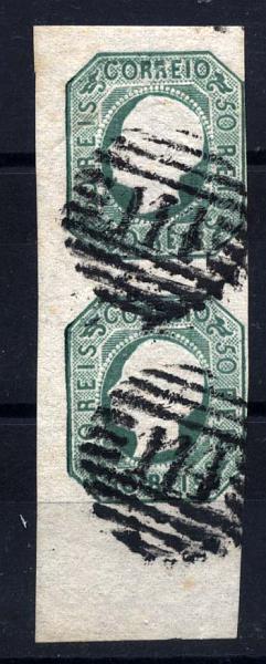 1134.jpg -     Lote:    1134            Portugal       Descrição:         1862/64 &mdash; D. Luís I. CE17, 50 reis verde azul. Par vertical, canto de folha, com três margens de luxo e uma curta, obliterado com carimbo da 1.ª reforma 114 &mdash; ALMEIDA. Valor de catálogo &euro; 525,00.        O       Valor Base:     &euro; 100,00     Valor Venda:     &euro; 100,00     