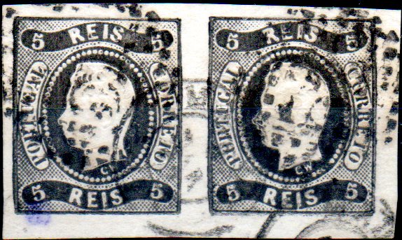 1140.jpg -     Lote:    1140            Portugal       Descrição:         1866/67 &mdash; D. Luís I. Fita curva, não denteados. CE19, 5 reis preto. Par horizontal com margens largas. Valor de catálogo &euro; 48,30.        O       Valor Base:     &euro; 10,00     Valor Venda:     &euro; 10,00     