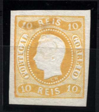 1141.jpg -     Lote:    1141            Portugal       Descrição:         1866/67 &mdash; D. Luís I. Fita curva, não denteados. CE20, 10 reis amarelo, com boas margens. Valor de catálogo &euro; 397,00.        **       Valor Base:     &euro; 60,00     Valor Venda:     &euro; 100,00     