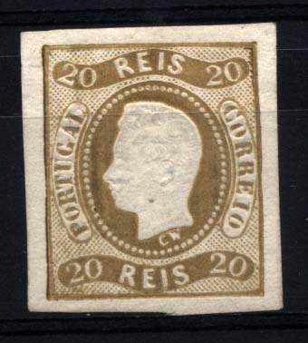 1143.jpg -     Lote:    1143            Portugal       Descrição:         1866/87 &mdash; D. Luís I, fita curva não denteados. CE21, 20 reis bistre. Selos com boas margens. Valor de catálogo &euro; 953,00.        ***       Valor Base:     &euro; 120,00     Valor Venda:     Retirado     