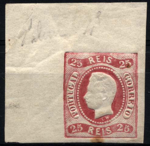 1145.jpg -     Lote:    1145            Portugal       Descrição:         1866/67 &mdash; D. Luís I. Fita curva não denteado. CE22, 25 reis carmim rosa. Canto superior esquerdo de folha. Sinal de charneira no bordo superior. Dois pontos de óxido no verso. Um deles repassando para a frente no bordo inferior. Valor de catálogo &euro; 393,00.        **       Valor Base:     &euro; 20,00     Valor Venda:     &euro; 30,00     