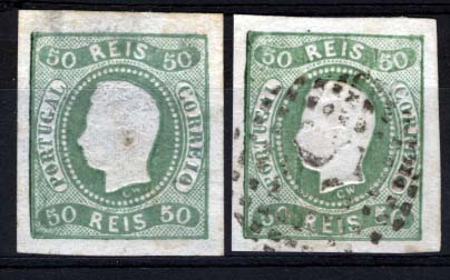 1146.jpg -     Lote:    1146            Portugal       Descrição:         1866/67 &mdash; D. Luís I. Fita curva, não denteados. CE23, 50 reis verde, com boas margens. Lote de dois selos: um novo com pequeno adelgaçamento + selo usado. Valor de catálogo &euro; 545,00.        **/O       Valor Base:     &euro; 40,00     Valor Venda:     &euro; 80,00     