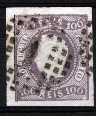 1147.jpg -     Lote:    1147            Portugal       Descrição:         1866/67 &mdash; D. Luís I. Fita curva, não denteados. CE25, 100 reis lilás, tipo I. Selo com boas margens, obliterado com carimbo de pontos 1 &mdash; LISBOA. Valor de catálogo &euro; 202,00        O       Valor Base:     &euro; 30,00     Valor Venda:     &euro; 60,00     
