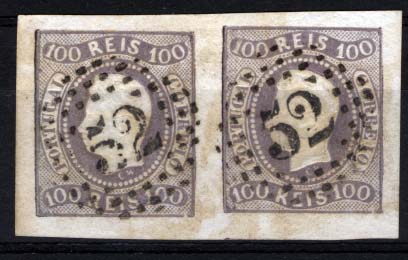 1149.jpg -     Lote:    1149            Portugal       Descrição:         1866/67 &mdash; D. Luís I. Fita curva, não denteados. CE25, 100 reis lilás, tipo I. Par horizontal, com margens de luxo, obliterado com carimbo de pontos 52 &mdash; PORTO. Valor de catálogo &euro; 404,00.        O       Valor Base:     &euro; 60,00     Valor Venda:     &euro; 60,00     