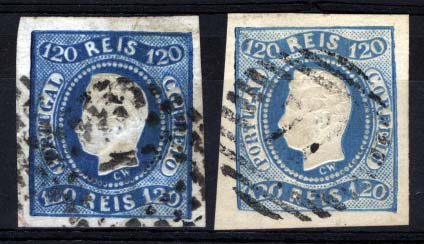 1150.jpg -     Lote:    1150            Portugal       Descrição:         1866/67 &mdash; D. Luís I. Fita curva, não denteados. CE26, 120 reis azul. Lote de dois selos com boas margens. Diferente tonalidades de cor. Valor de catálogo &euro; 248,00.        O       Valor Base:     &euro; 36,00     Valor Venda:     Retirado     