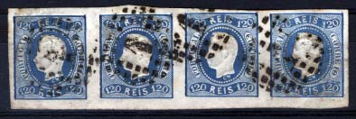 1151.jpg -     Lote:    1151            Portugal       Descrição:         1866/67 &mdash; D. Luís I. Fita curva, não denteados. CE26, 120 reis azul. Tira horizontal de 4 selos, com boas margens. Valor de catálogo &euro; 496,00.        O       Valor Base:     &euro; 75,00     Valor Venda:     &euro; 80,00     