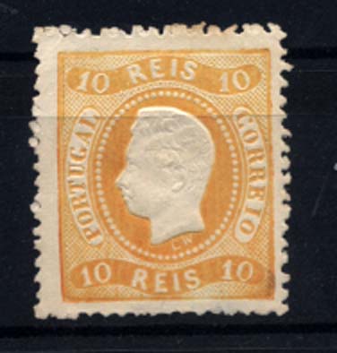 1152.jpg -     Lote:    1152            Portugal       Descrição:         1867/70 &mdash; D. Luís I. Fita curva, denteados. CE28, 10 reis amarelo-laranja, com denteado farpeado. Valor de catálogo &euro; 430,00.        *       Valor Base:     &euro; 25,00     Valor Venda:     Retirado     