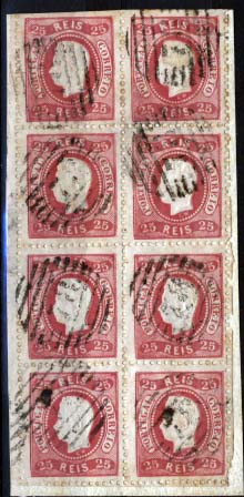 1155.jpg -     Lote:    1155            Portugal       Descrição:         1867/70 &mdash; D. Luís I. Fita curva. Denteados. CE30, 25 reis carmim. Bloco vertical de 8 selos (4x2), obliterado com carimbos da 1.ª reforma 78 &mdash; ÁGUEDA.        O       Valor Base:     &euro; 100,00     Valor Venda:     Retirado     