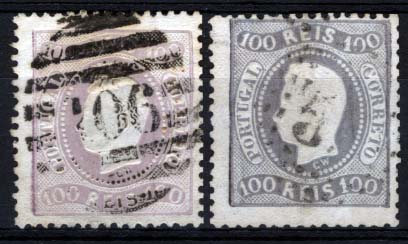 1156.jpg -     Lote:    1156            Portugal       Descrição:         1867/70 &mdash; D. Luís I. Fita curva. Denteados. CE33, 100 reis. Lote de dois selos: um em lilás malva, tipo II e outro em lilás claro, tipo I. Valor de catálogo &euro; 368,00.        O       Valor Base:     &euro; 50,00     Valor Venda:     &euro; 68,00     