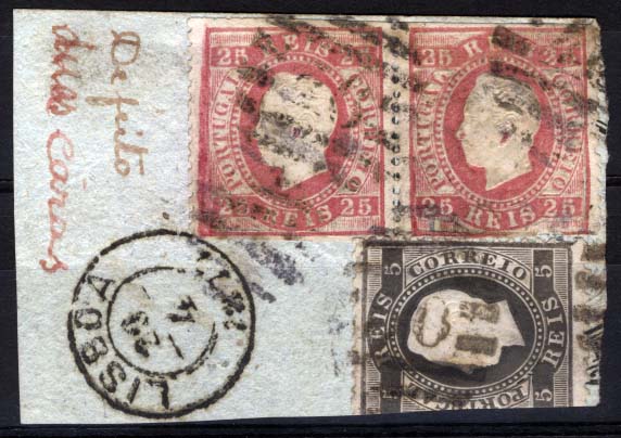 1167.jpg -     Lote:    1167            Portugal       Descrição:         1870/76 &mdash; D. Luís I, fita direita. CE40, 25 reis. Fragmento de papel selado com par horizontal com dupla impressão do relevo, sem denteado em dois lados (selos cortados à tesoura).         FRG       Valor Base:     &euro; 20,00     Valor Venda:     Retirado     