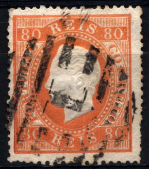 1168.jpg -     Lote:    1168            Portugal       Descrição:         1870/76 &mdash; D. Luís I, fita direita. CE42, 80 reis laranja, papel liso em denteado 14, obliterado com carimbo de barras da 2.ª reforma 1 &mdash; LISBOA. Selo com ligeiros defeitos no denteado. Valor de catálogo &euro; 1.530,00.        O       Valor Base:     &euro; 200,00     Valor Venda:     Retirado     
