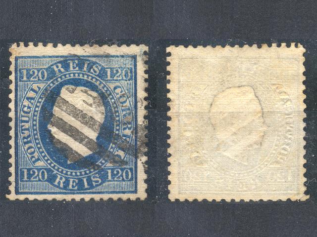 1171.jpg -     Lote:    1171            Portugal       Descrição:         1870/76 &mdash; D. Luís I. Fita direita. CE44, 120 reis azul, denteado 12 &frac12;, em papel costelado no verso. Valor de catálogo &euro; 441,00.        O       Valor Base:     &euro; 85,00     Valor Venda:     &euro; 100,00     
