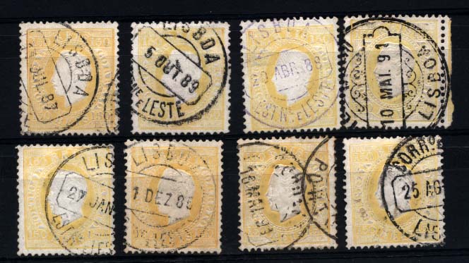 1183.jpg -     Lote:    1183            Portugal       Descrição:         1879/80 &mdash; D. Luís I, fita direita. Novas cores. CE51, 150 reis amarelo, papel porcelana. Lote composto por 4 selos em denteado 12 &frac12; + 4 selos em denteado 13 &frac12;. Valor de catálogo &euro; 254,40.        O       Valor Base:     &euro; 32,00     Valor Venda:     &euro; 34,00     