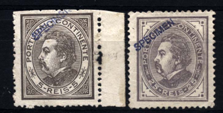 1184.jpg -     Lote:    1184            Portugal       Descrição:         1881/81 &mdash; D. Luís I. De perfil. CE52 e 54. Selos com sobrecarga oblíqua "SPECIMEN", batida a azul.        **/*       Valor Base:     &euro; 12,00     Valor Venda:     &euro; 12,00     