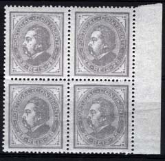 1185.jpg -     Lote:    1185            Portugal       Descrição:         1880/81 &mdash; D. Luís I, de perfil. CE54, 25 reis cinzento lilás, denteado 13 &frac12;, papel liso. Quadra com goma original sem charneira, canto de folha. MB. Valor de catálogo &euro; 258,00.        ***       Valor Base:     &euro; 40,00     Valor Venda:     &euro; 42,00     