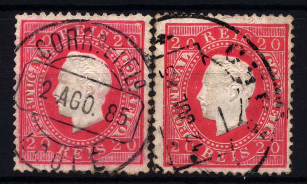 1197.jpg -     Lote:    1197            Portugal       Descrição:         1884 &mdash; D. Luís I. Fita direita. Nova cor e valor. CE66, 20 reis carmim. Lote composto por dois selos em denteado 13 &frac12;, papel porcelana com diferentes tonalidades de cor". Valor de catálogo &euro; 298,00.        O       Valor Base:     &euro; 30,00     Valor Venda:     &euro; 36,00     
