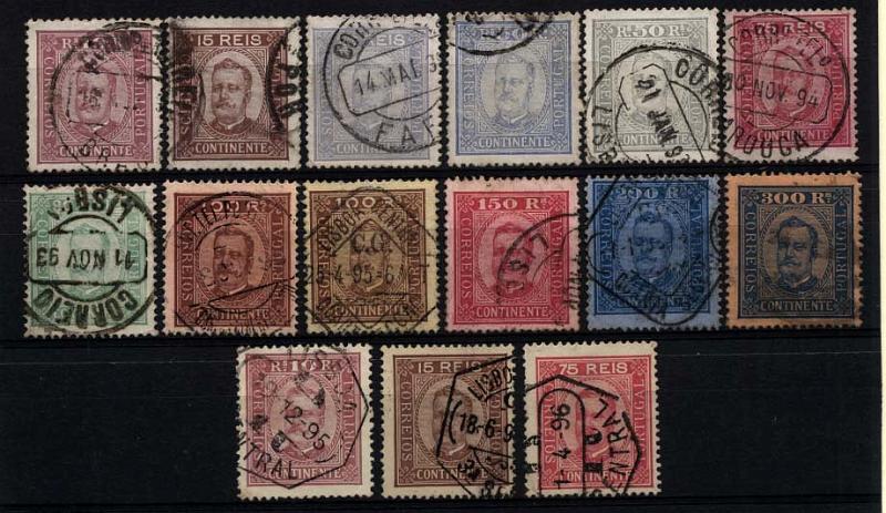 1201.jpg -     Lote:    1201            Portugal       Descrição:         1892/93 &mdash; D. Carlos I, tipo Diogo Neto. CE68/79. Lote composto por 15 selos todos em denteado 13 &frac12;: série completa em papel porcelana, com repetições nos selos de 50 e 100 reis + série completa em papel pontinhado. Valor de catálogo &euro; 660,15.        O       Valor Base:     &euro; 70,00     Valor Venda:     &euro; 70,00     