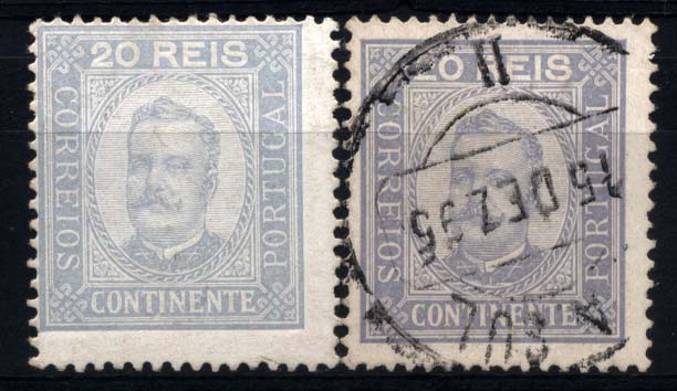 1210.jpg -     Lote:    1210            Portugal       Descrição:         1892/93 &mdash; D. Carlos I, tipo Diogo Neto. CE75, 20 reis violeta azul, papel porcelana, denteado 13 &frac12;. Lote de dois selos, sendo um novo e outro usado. Valor de catálogo &euro; 106,10.        **/O       Valor Base:     &euro; 16,00     Valor Venda:     &euro; 16,00     