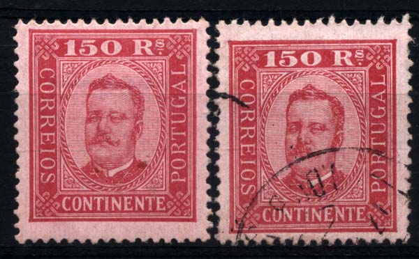 1213.jpg -     Lote:    1213            Portugal       Descrição:         1892/93 &mdash; D. Carlos I, tipo Diogo Neto. CE77, 150 reis carmim s/ rosa, papel porcelana, denteado 13 &frac12;. Lote de dois selos, um novo e outro usado. Valor de catálogo &euro; 363,70. MB.        **/O       Valor Base:     &euro; 55,00     Valor Venda:     Retirado     