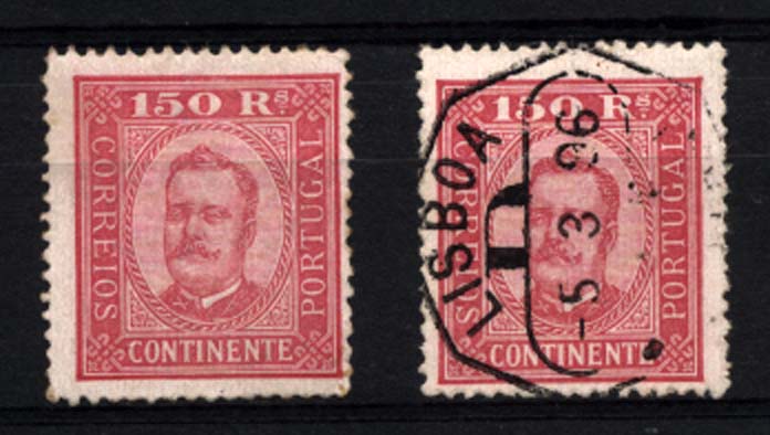 1215.jpg -     Lote:    1215            Portugal       Descrição:         1892/93 &mdash; D. Carlos I tipo Diogo Neto. CE77, 150 reis carmim s/ rosa, papel porcelana, denteado 13 &frac12;. Lote de dois selos, um novo regomado e outro usado. Valor de catálogo &euro; 359,80.        RG**/O       Valor Base:     &euro; 40,00     Valor Venda:     Retirado     