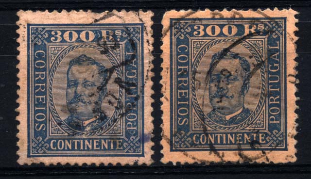1222.jpg -     Lote:    1222            Portugal       Descrição:         1892/93 &mdash; D. Carlos I tipo Diogo Neto. CE79, 300 reis azul s/ laranja, papel porcelana, denteado 13 &frac12;. Lote de 2 selos usados, com ligeiros defeitos. Lote a ver. Valor de catálogo &euro; 236,00.        O       Valor Base:     &euro; 20,00     Valor Venda:     &euro; 180,00     