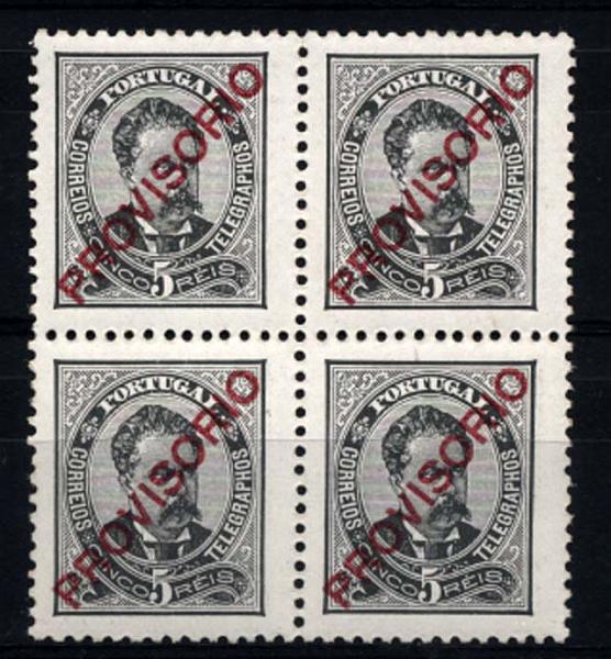 1225.jpg -     Lote:    1225            Portugal       Descrição:         1892/1893 &mdash; D. Luís I. Sobrecarga PROVISÓRIO. CE82, 5 reis preto, sobrecarga c, papel porcelana, denteado 11 &frac12;. Quadra. Valor de catálogo &euro; 202,40. MB.        ***       Valor Base:     &euro; 40,00     Valor Venda:     Retirado     