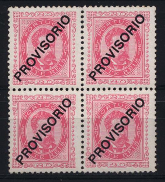 1228.jpg -     Lote:    1228            Portugal       Descrição:         1892/1893 &mdash; D. Luís I. Sobrecarga PROVISÓRIO. CE85, 20 reis rosa, sobrecarga c, papel porcelana, denteado 11 &frac12;. Quadra. Valor de catálogo &euro; 576,00. MB.        ***       Valor Base:     &euro; 100,00     Valor Venda:     &euro; 100,00     