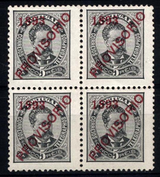1229.jpg -     Lote:    1229            Portugal       Descrição:         1892/93 &mdash; D. Luís I. Sobrecarga "PROVISÓRIO". Sobrecarga d. CE89, 5 reis preto. Quadra, com ligeiros distúrbios na goma de um dos selos. Valor de catálogo &euro; 384,80.        ***       Valor Base:     &euro; 55,00     Valor Venda:     &euro; 55,00     