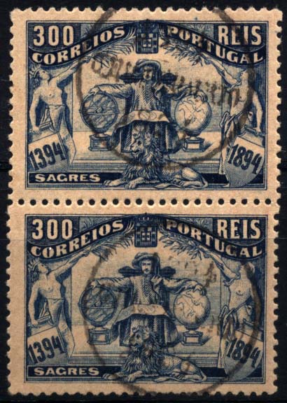 1236.jpg -     Lote:    1236            Portugal       Descrição:         1894 &mdash; 4.º Centenário do Nascimento do Infante D. Henrique, CE108, 300 reis azul s/ laranja. Par vertical obliterado com o carimbo comemorativo. Valor de catálogo &euro; 135,40.        O       Valor Base:     &euro; 20,00     Valor Venda:     &euro; 28,00     