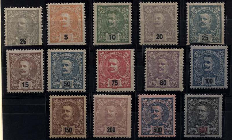 1243.jpg -     Lote:    1243            Portugal       Descrição:         1895/96 &mdash; D. Carlos I Mouchon. CE126/139. Série completa. Principais selos regomados. Selo de 15 reis com goma original. Lote a ver.         ***       Valor Base:     &euro; 90,00     Valor Venda:     &euro; 110,00     
