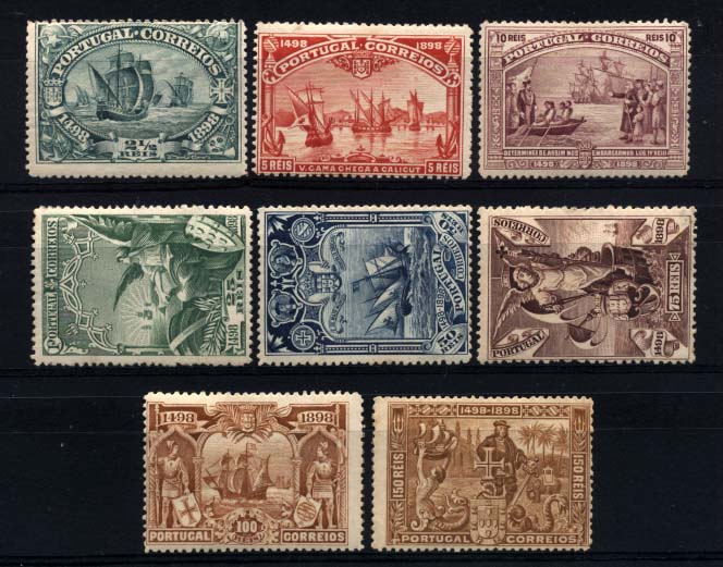 1244.jpg -     Lote:    1244            Portugal       Descrição:         1898 &mdash; 4.º Centenário do Descobrimento do Caminho Marítimo para a Índia. CE148/155. Série completa. Valor de catálogo &euro; 294,00.        **       Valor Base:     &euro; 35,00     Valor Venda:     &euro; 60,00     