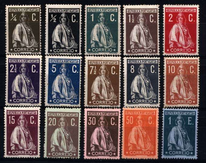 1250.jpg -     Lote:    1250            Portugal       Descrição:         1912 &mdash; Ceres. CE206/220. Série completa. Selos de 20C e 1E sem sinal de charneira (muito bonitos) e selos de 10C regomado. Valor de catálogo &euro; 1.466,00.        **       Valor Base:     &euro; 200,00     Valor Venda:     &euro; 200,00     