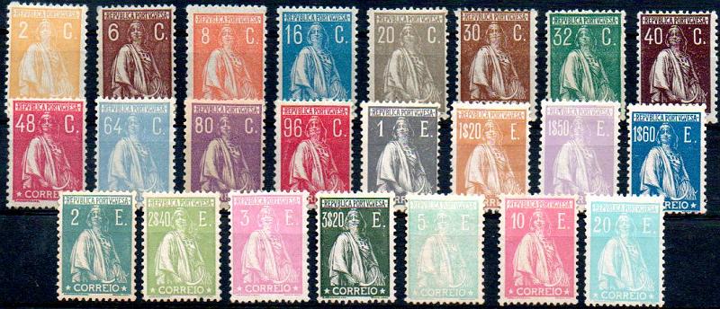 1260.jpg -     Lote:    1260            Portugal       Descrição:         1924/26 &mdash; Ceres. Novas taxas e cores. CE276/298. Série completa. MB. Valor de catálogo &euro; 2.160,00.        **       Valor Base:     &euro; 320,00     Valor Venda:     &euro; 360,00     