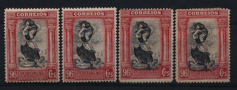 1274.jpg -     Lote:    1274            Portugal       Descrição:         1928 &mdash; Independência de Portugal * 3.ª emissão. CE447, 96C vermelho. Lote de 4 selos mostrando a deslocação progressiva do centro do selo, de cima para baixo. Interessante lote. Valor de catálogo &euro; 121,20        **       Valor Base:     &euro; 30,00     Valor Venda:     &euro; 30,00     