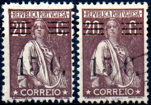 1279.jpg -     Lote:    1279            Portugal       Descrição:         1928/29 &mdash; Ceres com sobretaxa. CE460, 15C s/ 20C castanho, denteado 12x11 &frac12;. Lote de dois selos, sendo um novo e outro usado. Valor de catálogo &euro; 149,60.        ***/O       Valor Base:     &euro; 40,00     Valor Venda:     &euro; 55,00     