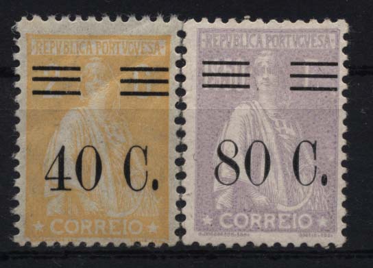 1282.jpg -     Lote:    1282            Portugal       Descrição:         1928/29 &mdash; Ceres, com sobretaxa. Lote de dois selos: CE467, 40 s/ 2 C amarelo claro com barramento tipo III + CE483, 80 s/ 1$50 lilás claro com altura barramento do lado esquerdo em relação à esquerda em 1mm (não catalogado.        **       Valor Base:     &euro; 20,00     Valor Venda:     &euro; 24,00     