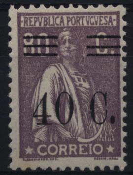 1283.jpg -     Lote:    1283            Portugal       Descrição:         1928/29 &mdash; Ceres, com sobretaxa. CE474, 40C s/ 80C violeta. Selo com barramento tipo X, Valor de catálogo &euro; 29,40.        **       Valor Base:     &euro; 8,00     Valor Venda:     &euro; 8,00     